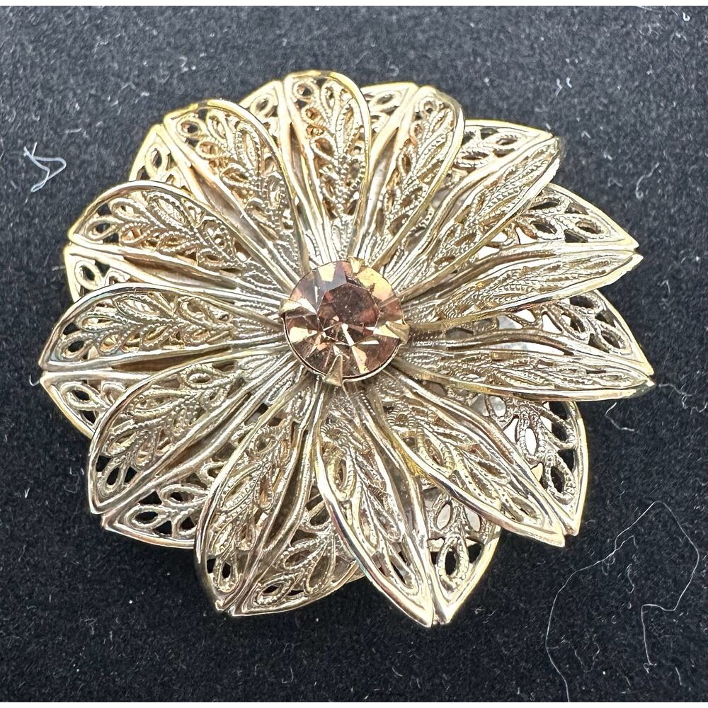 VINTAGE GOLD TONE FILIGREE SCARF CLIP PIN AMBER COLOR RHINESTONE Lieba USA